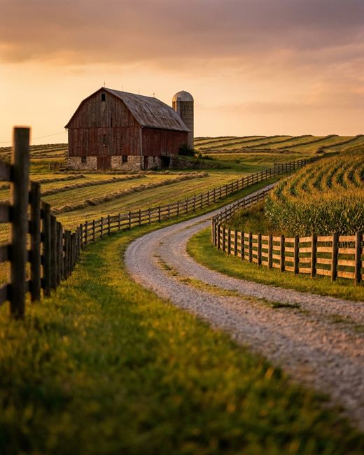 A gravel farm lane and wooden fence leading to a red barn across Pennsylvania farmland at golden hour