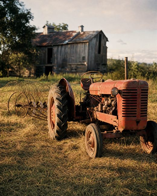 A vintage farm tractor and hay rake in a mown field at golden hour