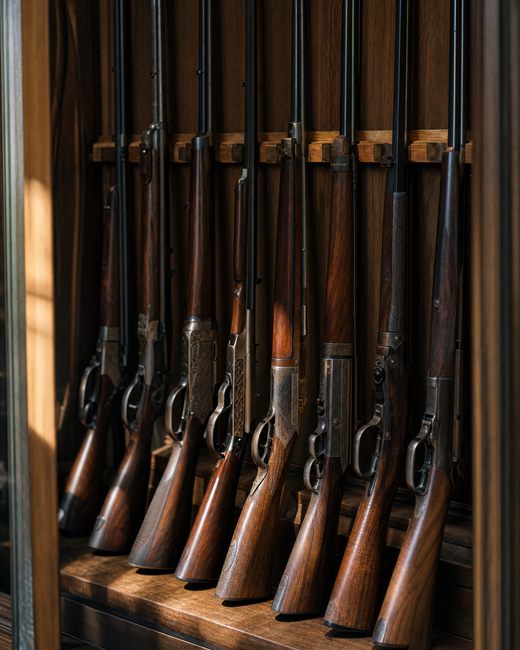 Antique long guns in a wooden display rack