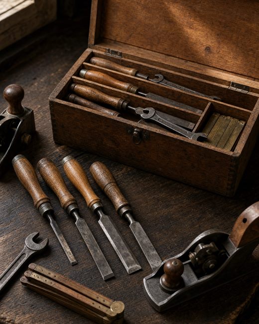 Vintage hand tools and an open machinist chest