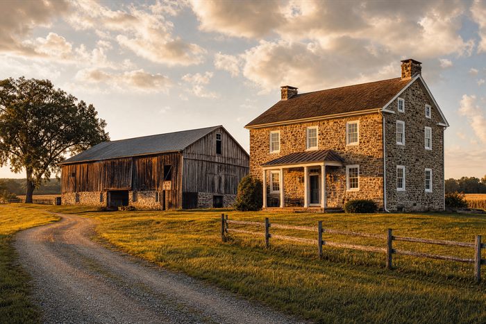 Fieldstone farmhouse and bank barn on Lancaster County farmland at golden hour