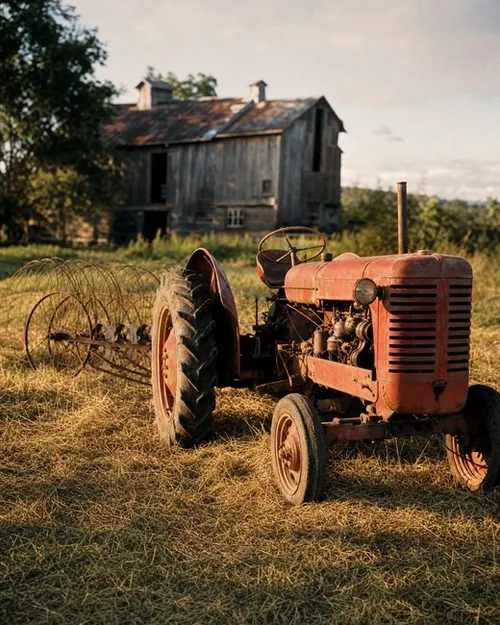 A vintage farm tractor and hay rake in a mown field at golden hour