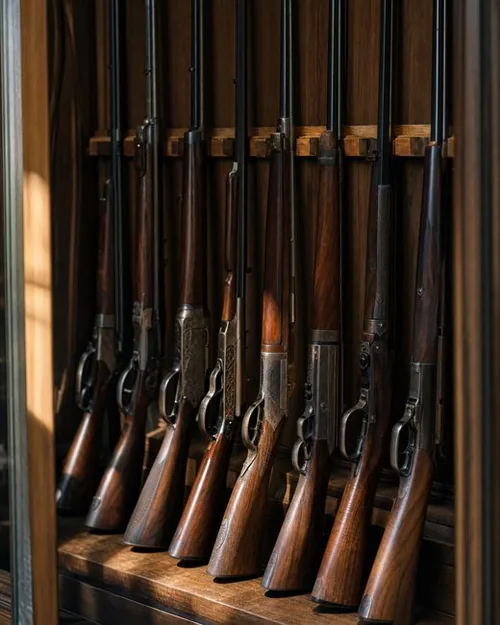 Antique long guns in a wooden display rack