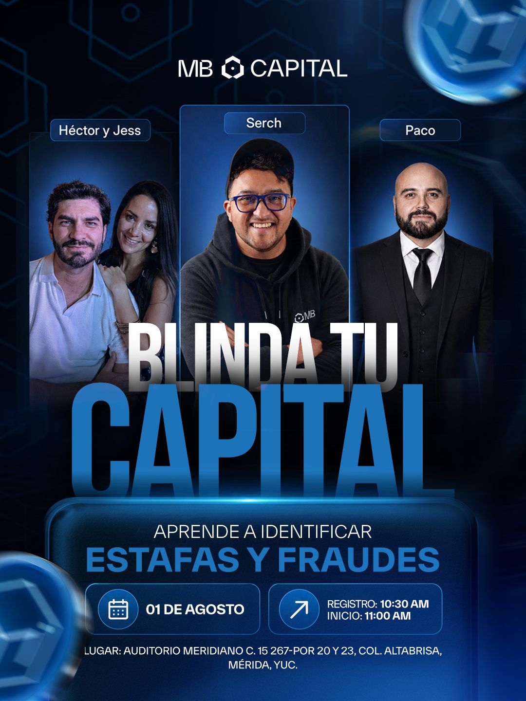 Cartel del evento Blinda tu Capital con los speakers