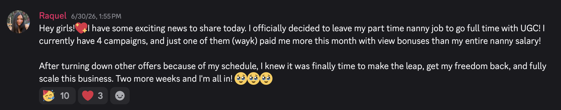 Raquel's post: leaving her nanny job after one brand paid more in a month than her whole nanny salary