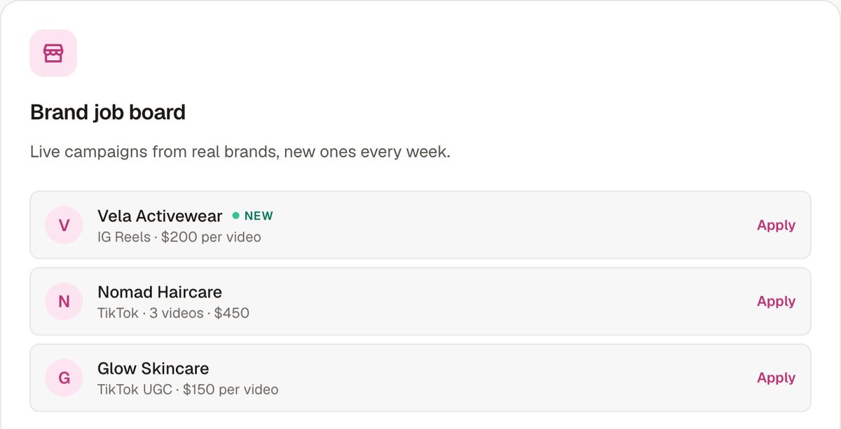Kora's brand job board listing live campaigns with the rate on each one and an Apply button