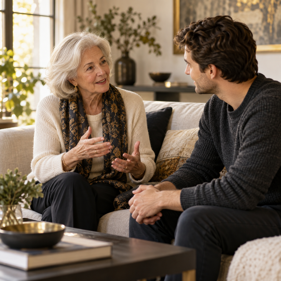 An older woman sharing her wisdom with a younger man