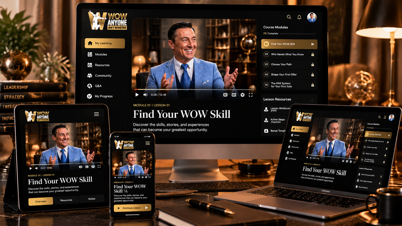 WOW Anyone Anywhere digital course shown on a tablet, laptop and phone