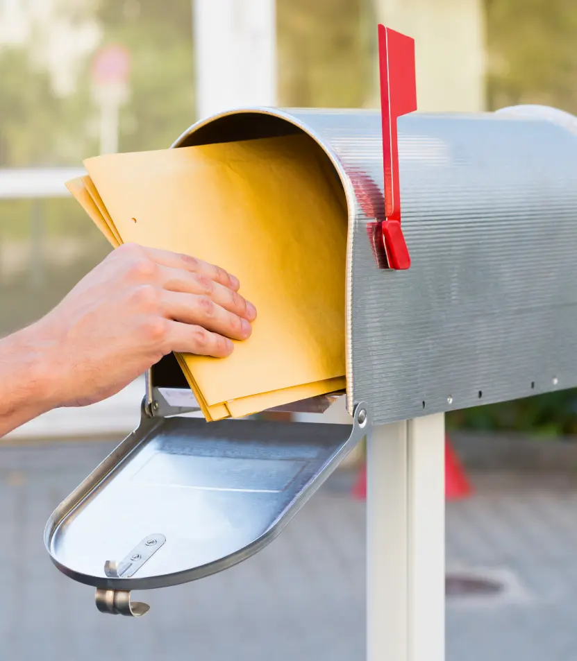 Direct mail marketing delivery concept — envelopes being placed into a residential mailbox, representing Elite Printing Group’s full-service mailing and EDDM solutions.