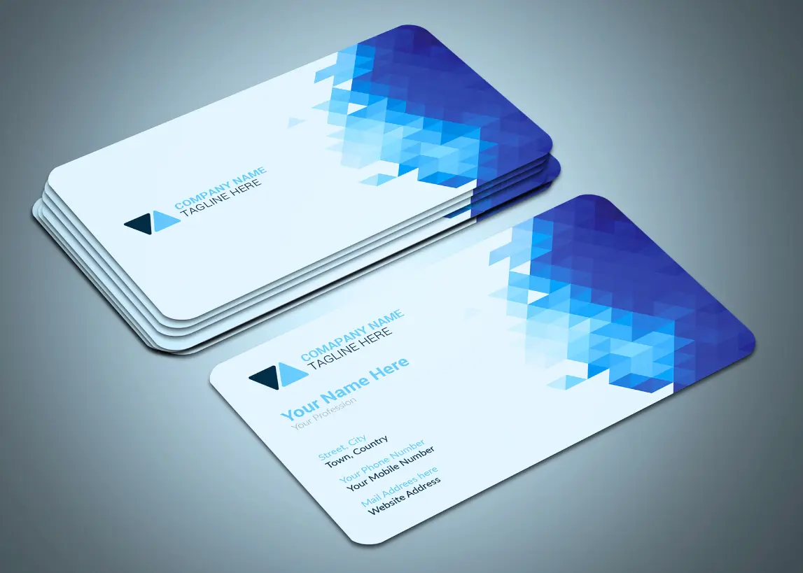 Stack of modern blue geometric business cards designed and printed by Elite Printing Group, showcasing professional small format printing for custom business stationery.
