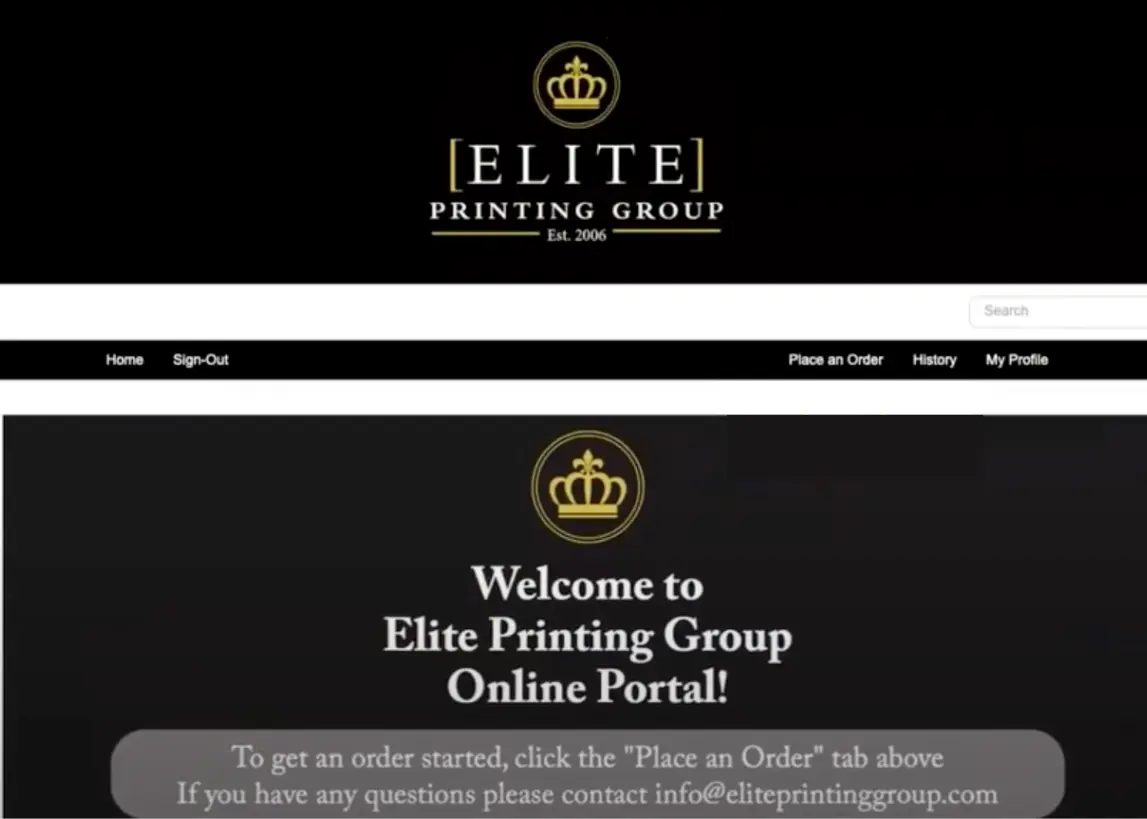 Screenshot of the Elite Printing Group online portal homepage, featuring the company logo, navigation menu, and welcome message for clients placing print orders.