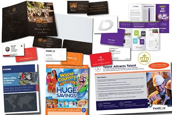 Examples of Elite Printing Group’s custom printed materials including brochures, business cards, flyers, and marketing collateral for professional branding and promotional use.