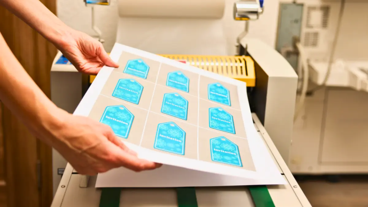 Hands holding freshly printed product labels at Elite Printing Group, showcasing high-quality custom label printing and finishing services.