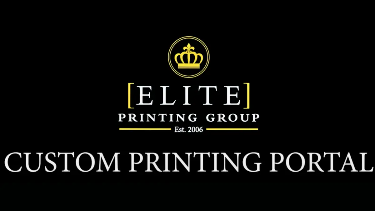 Elite Printing Group custom printing portal logo on a black background, showcasing the company’s gold crown emblem and branding established in 2006.