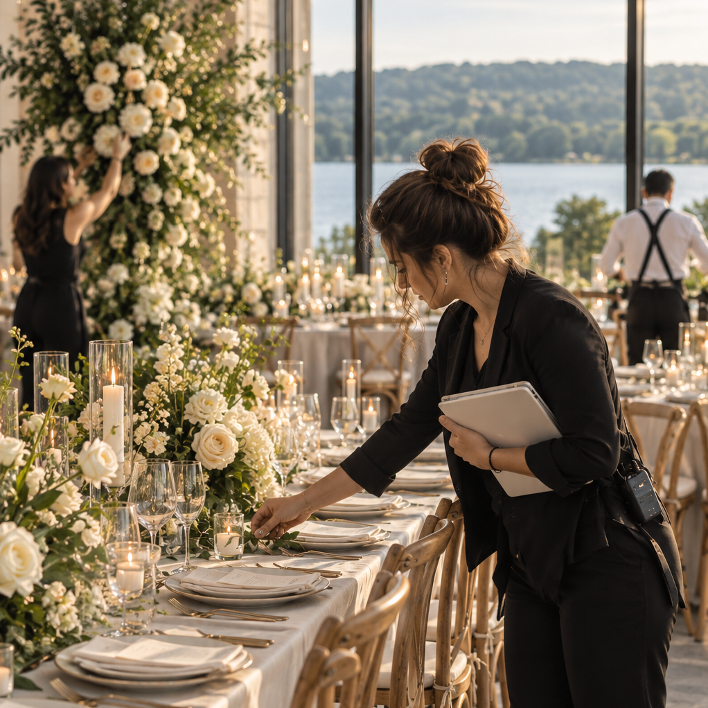 Wedding professional arranging floral table settings at a lakeside reception