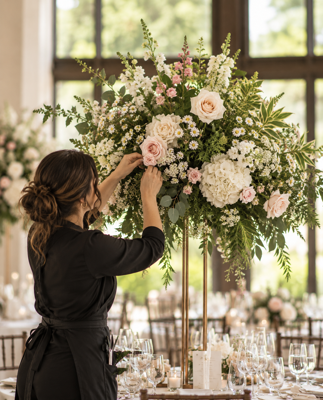 Florist hands arranging a bridal bouquet