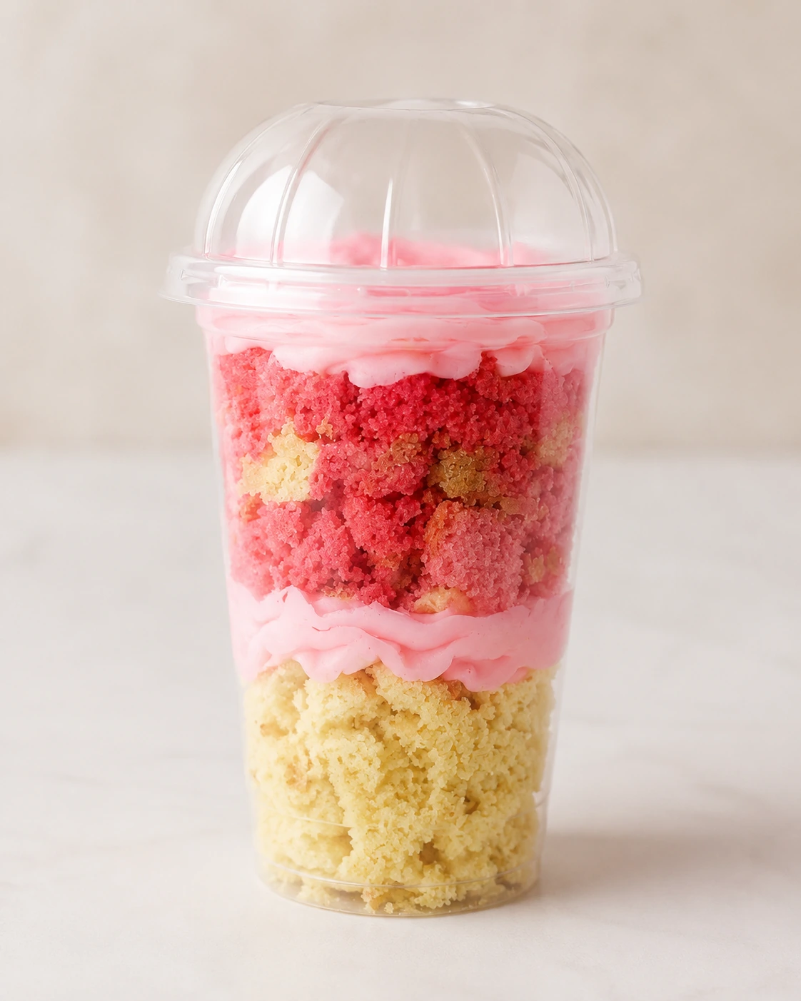 Strawberry cake parfait layered with smooth pink cream