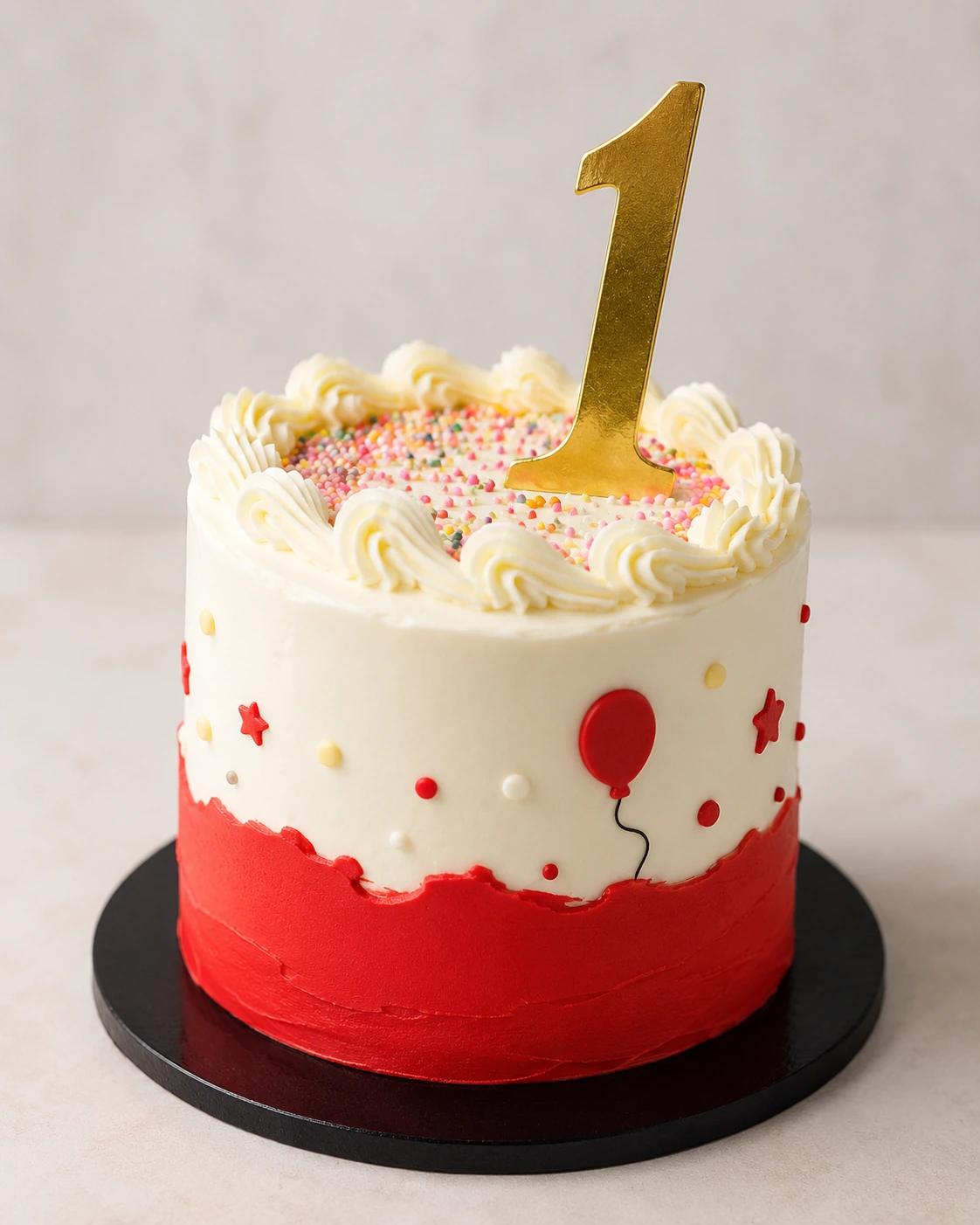 Children's first birthday cake with colourful sprinkles and number-one topper