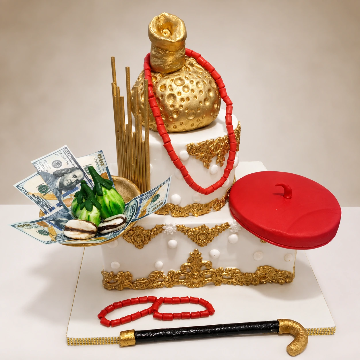 Traditional celebration cake with gold decorations and red bead designs