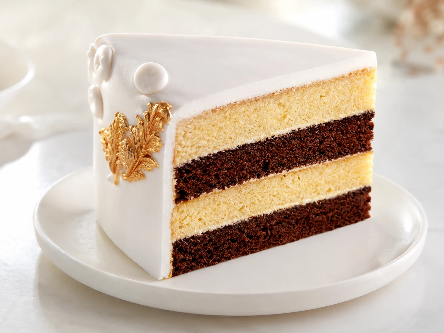 Layered vanilla chocolate cake slice with white frosting and gold detailing