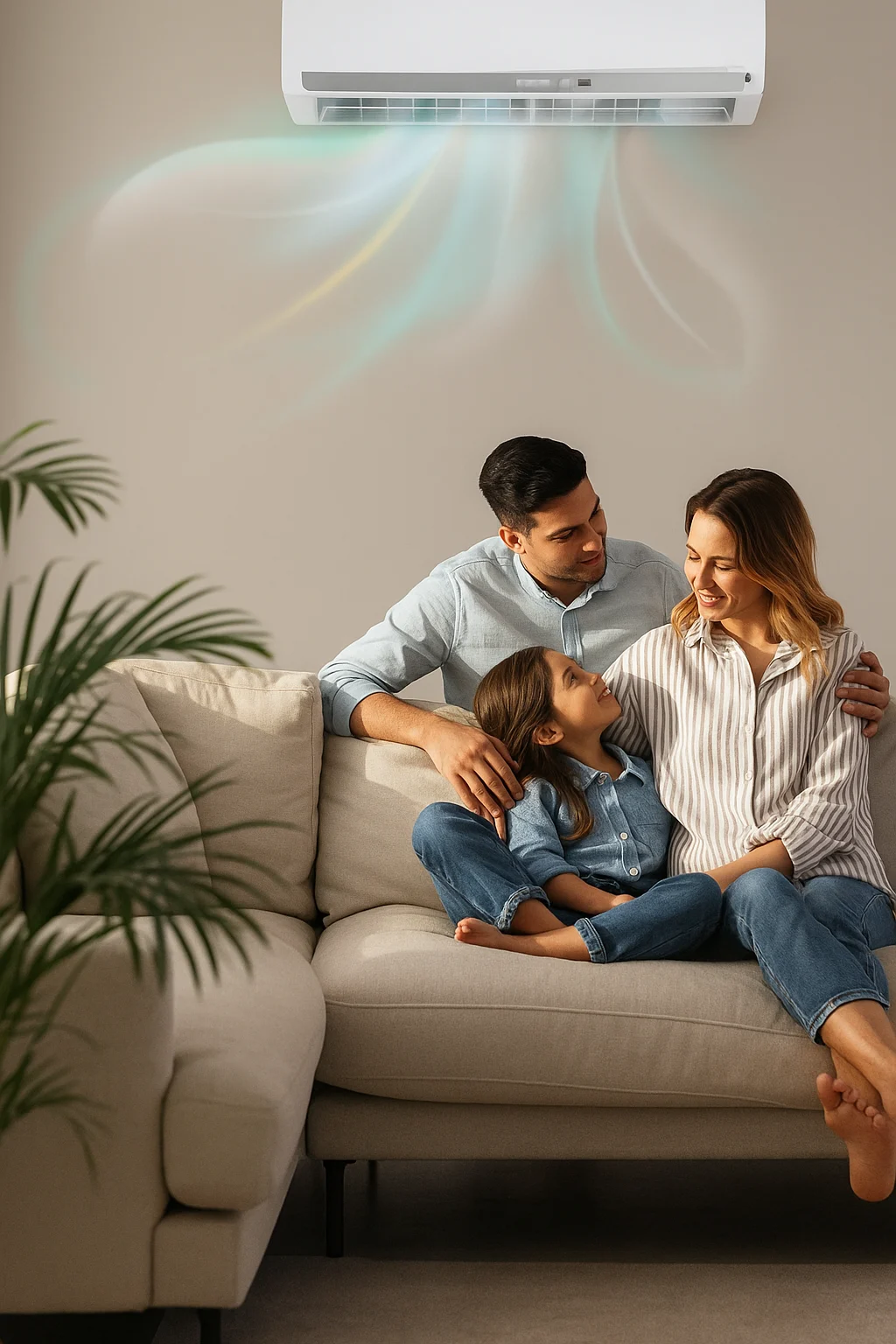 Happy family relaxing on sofa after AC replacement by Cooling Advisors in West Palm Beach home