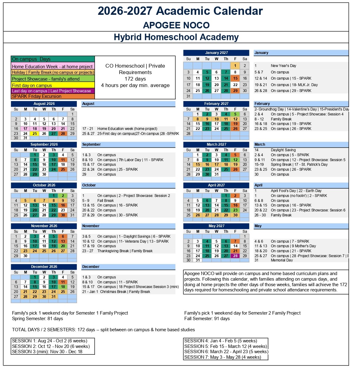 Apogee NOCO 2026-2027 Academic Calendar