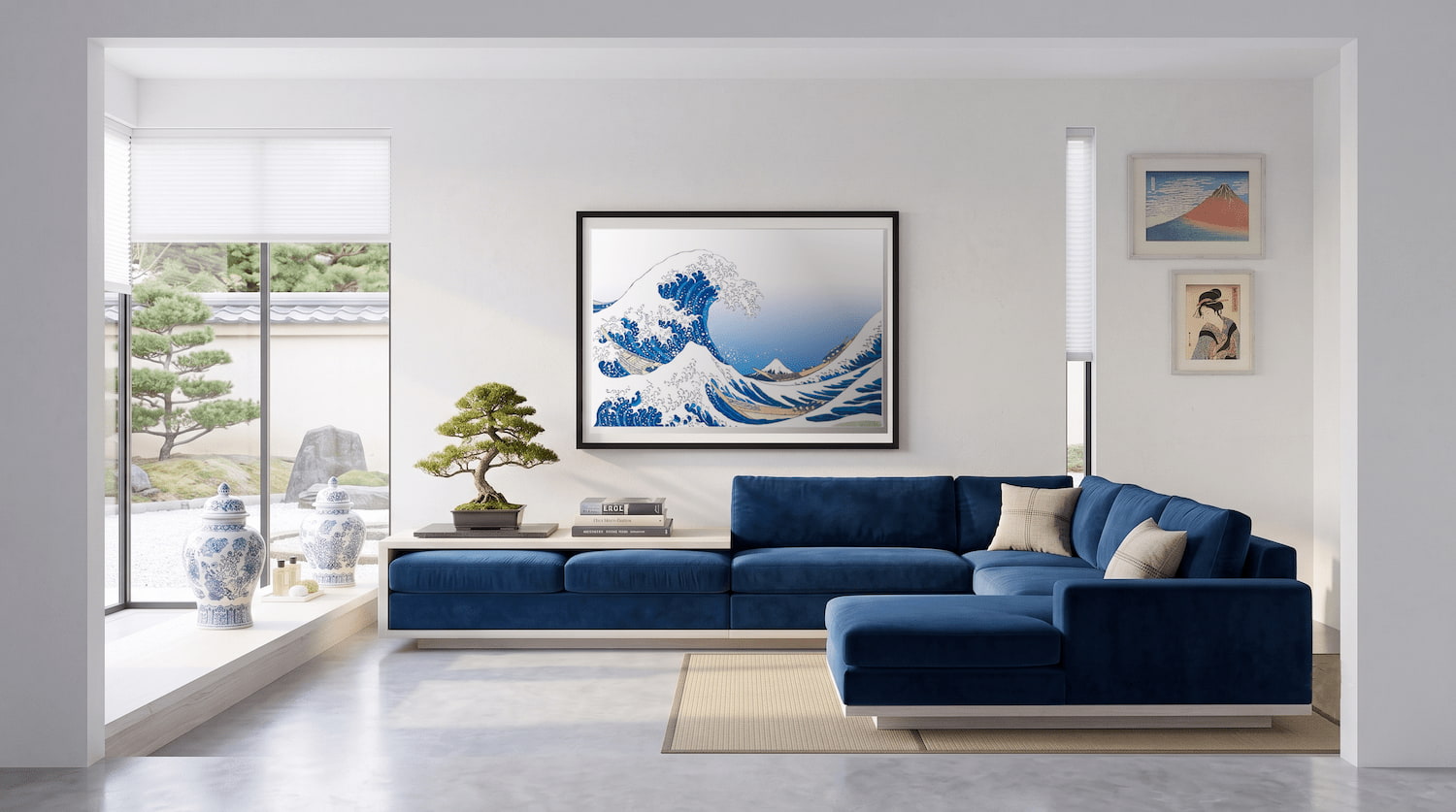 The White Wave — Hokusai reimagined in Prussian Blue on white by Catalysis Culture