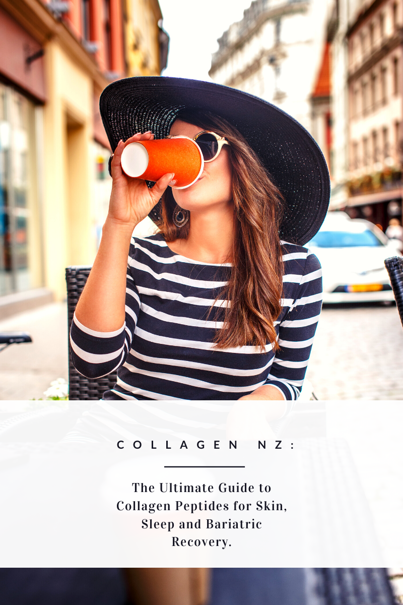woman drinking in busy streeting, words on image: Collagen NZ: The Ultimate Guide to Collagen Peptides for Skin, Sleep and Bariatric Recovery.