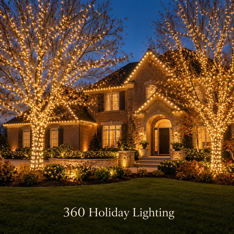 Design inspiration showing warm lights wrapped through ornamental trees