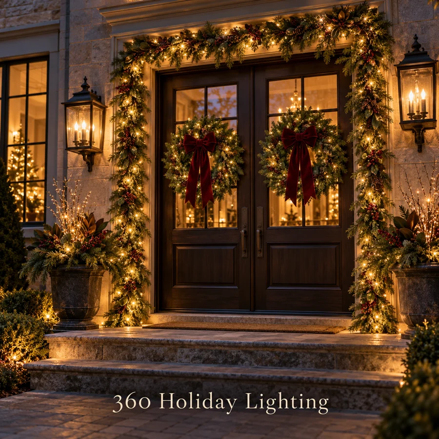 Concept of an entrance framed by glowing holiday garland