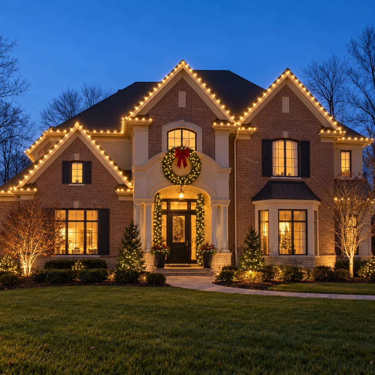 Design inspiration: brick home with warm white holiday roofline lights and glowing landscaping