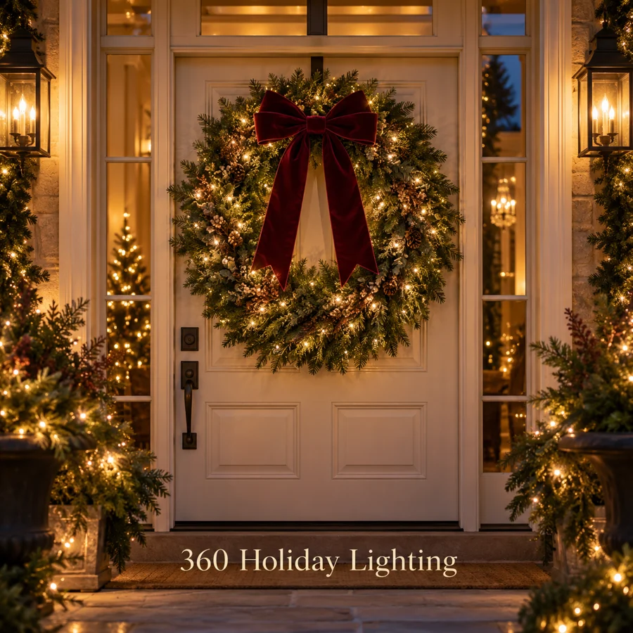 Concept of an illuminated evergreen wreath with burgundy bow