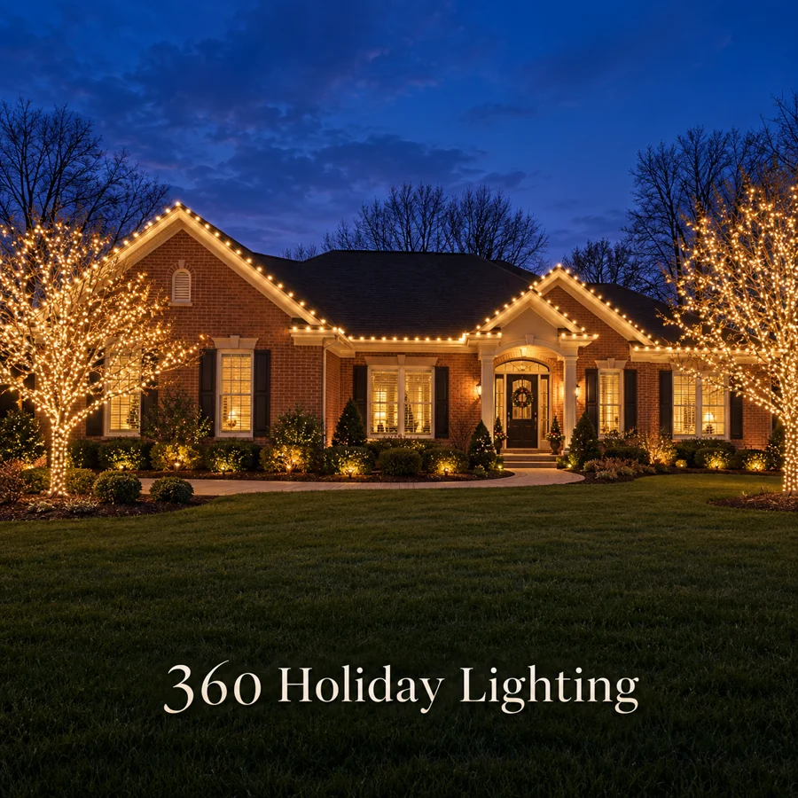 Concept of warm roofline and tree lighting on a brick ranch