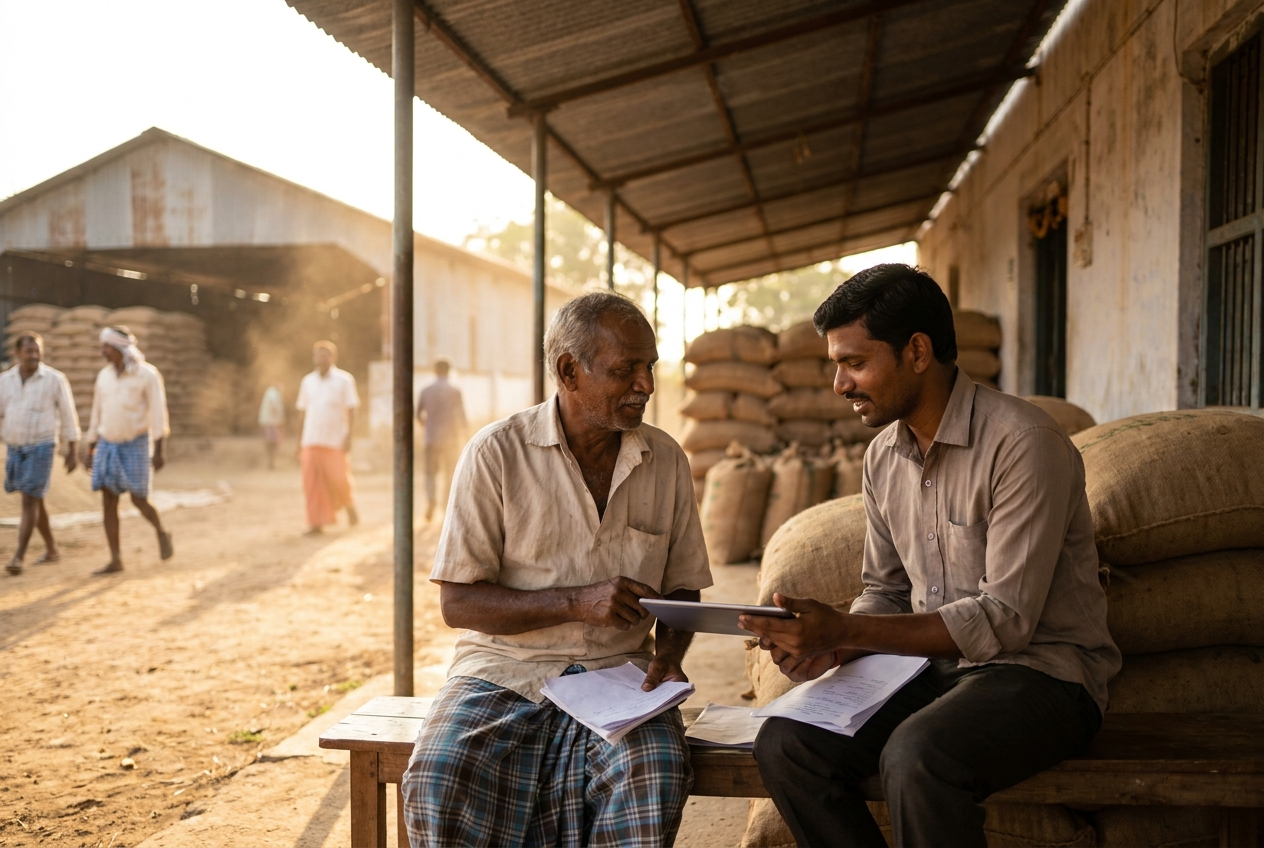 A Raitu Nestam field officer reviewing financing paperwork with a farmer on a warehouse veranda