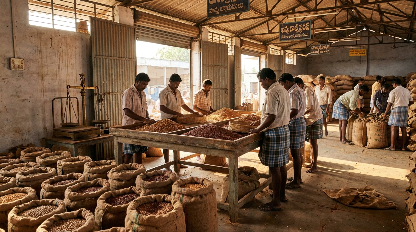 Workers grading and sorting harvested Bengal gram and red gram inside an Indian trading warehouse