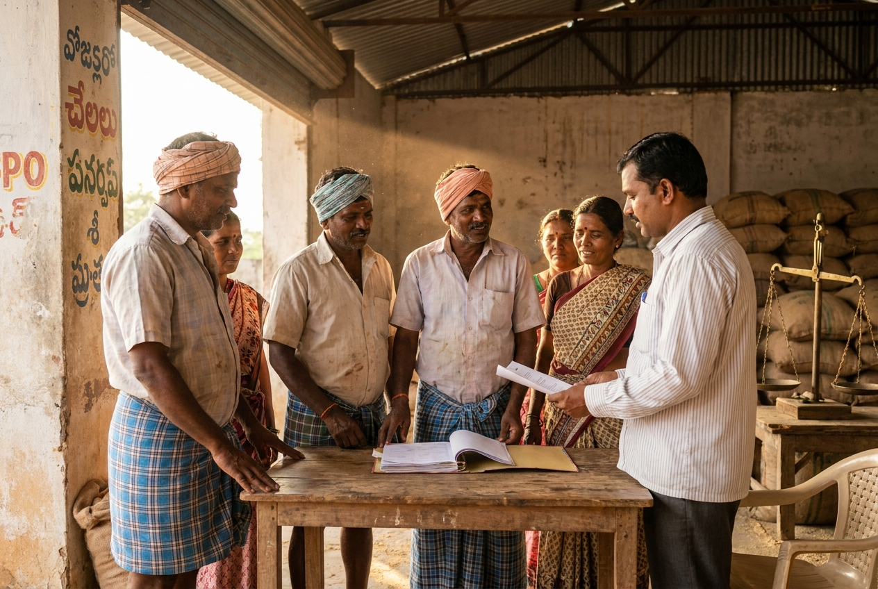 Farmers and an FPO representative reviewing loan paperwork together at a warehouse