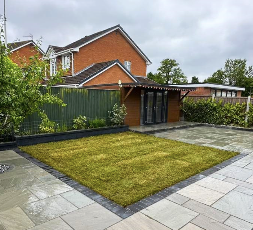 Landscaped garden with planting and paved pathway