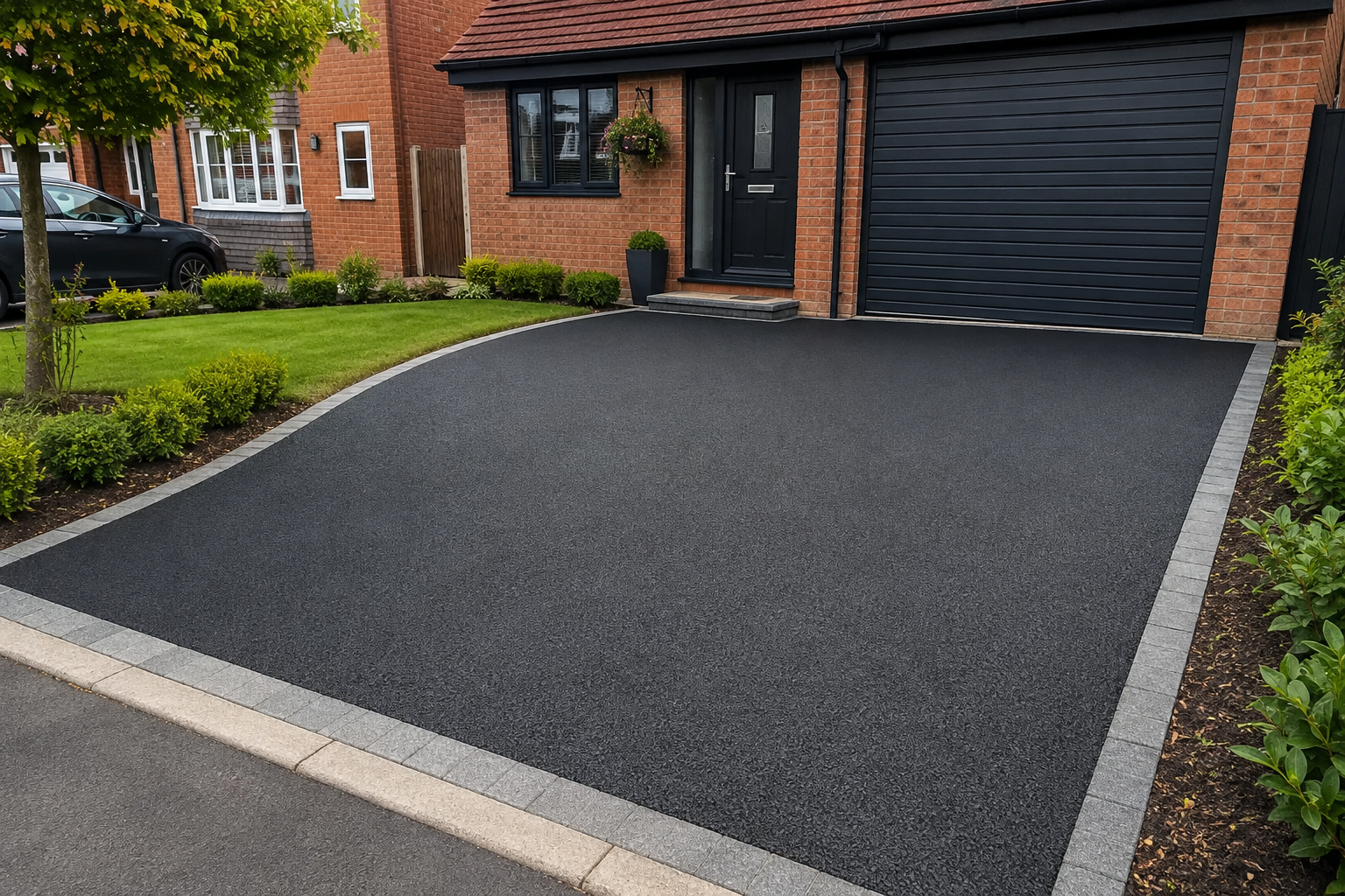 Freshly laid tarmac driveway with sharp edging