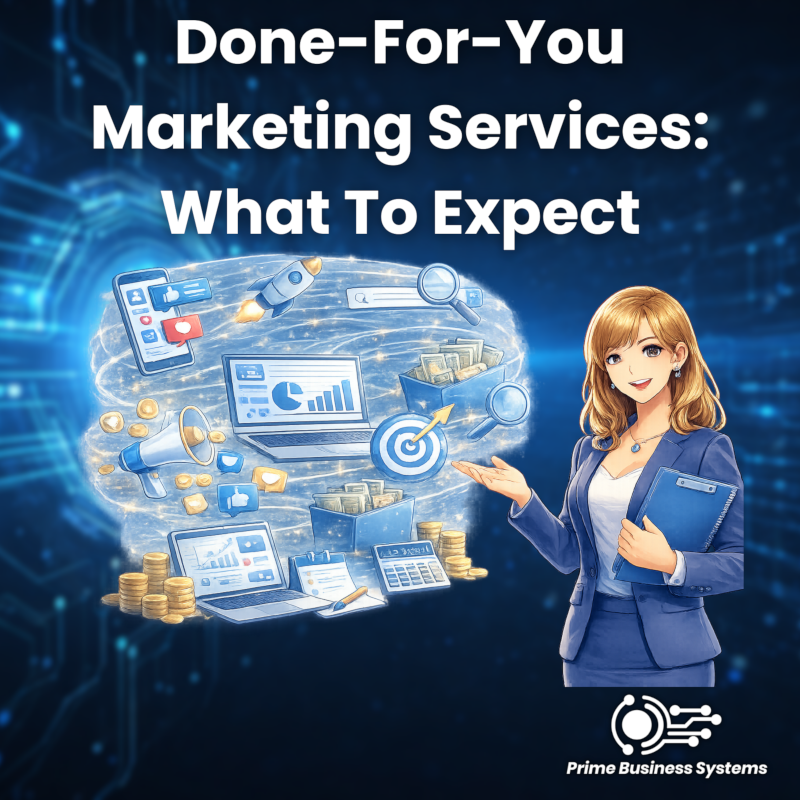 Done-for-you marketing services breakdown showing included deliverables