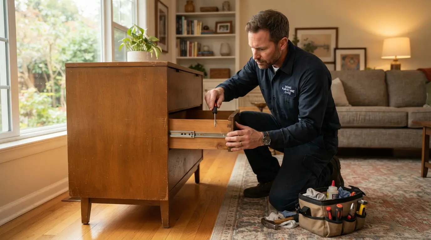 A technician repairing a wood dresser in a warm, well-lit home
