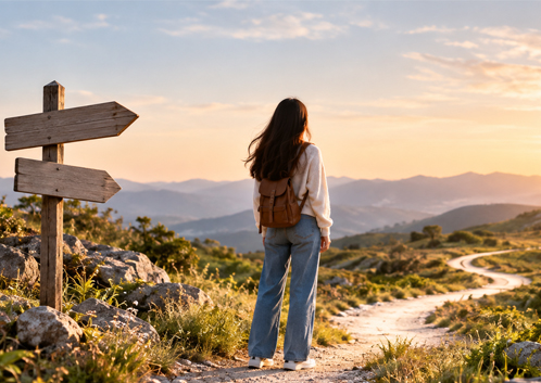 A person walking a winding path toward a rising sun