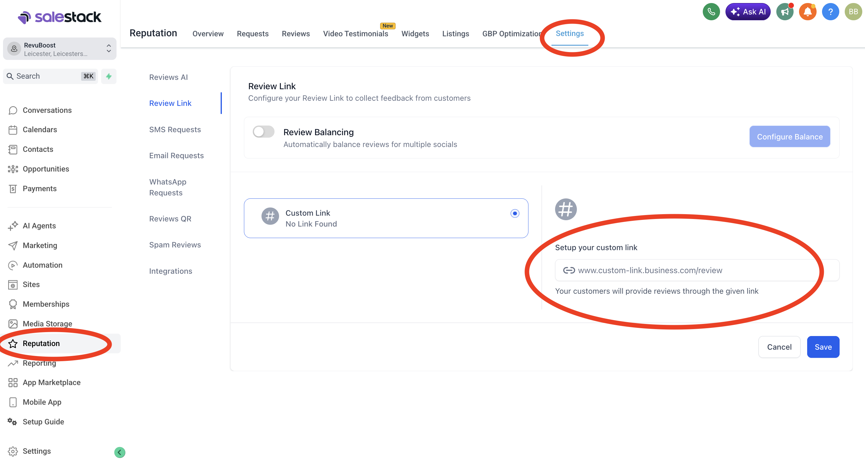 GoHighLevel Reputation settings screen showing the Google review link