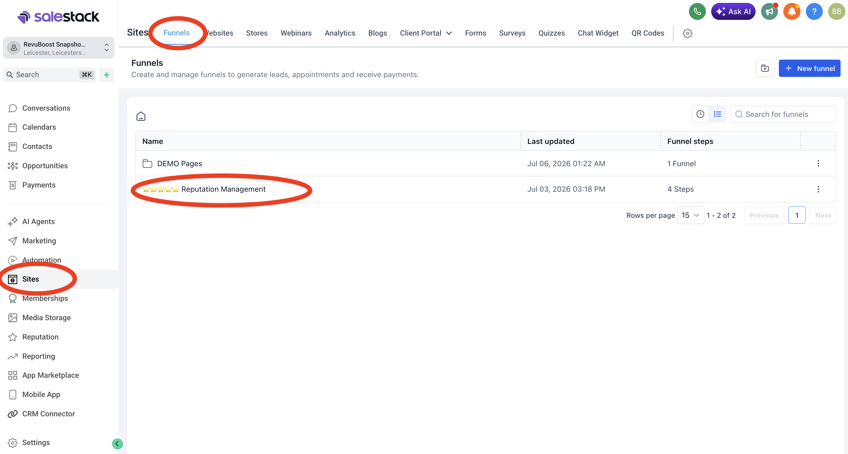 GoHighLevel Reputation Management funnel screen