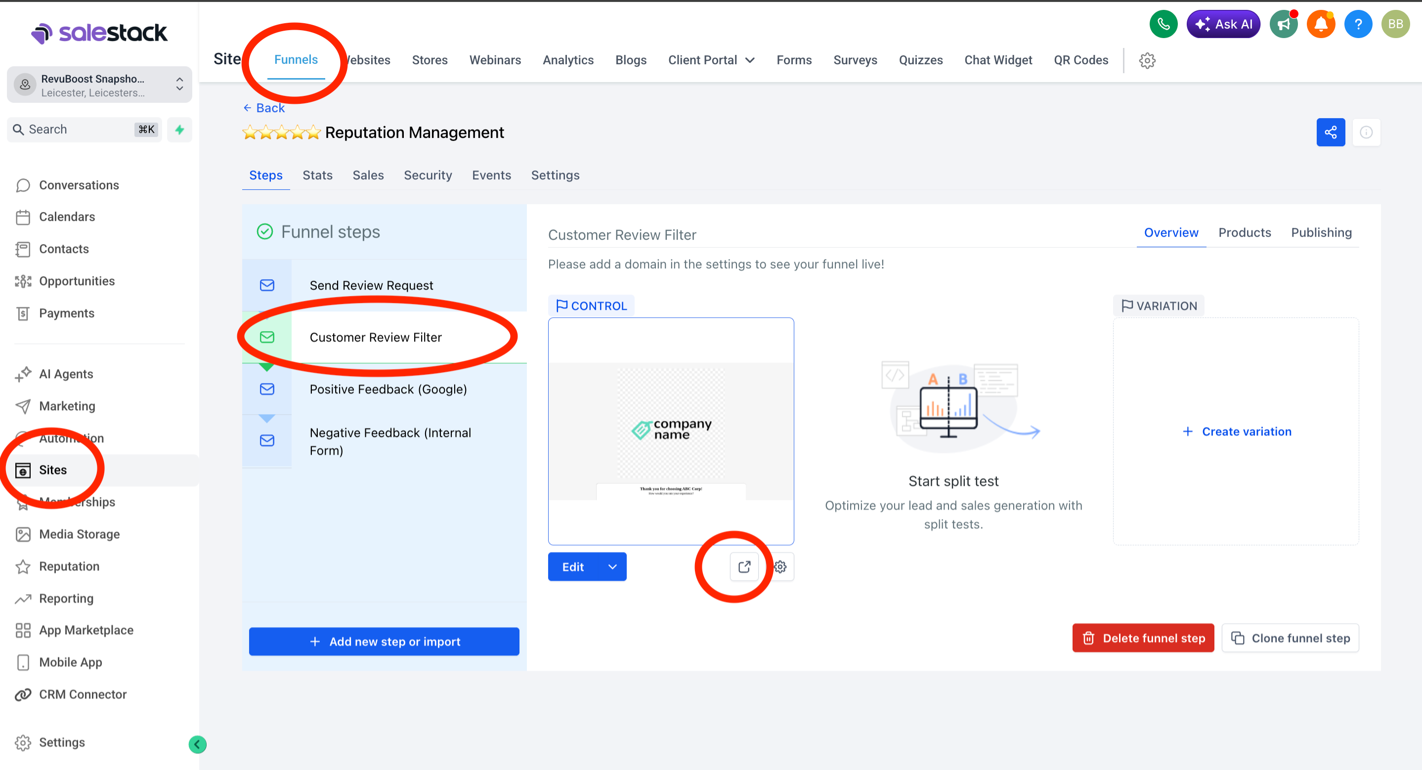 Customer Review Filter funnel step preview screen