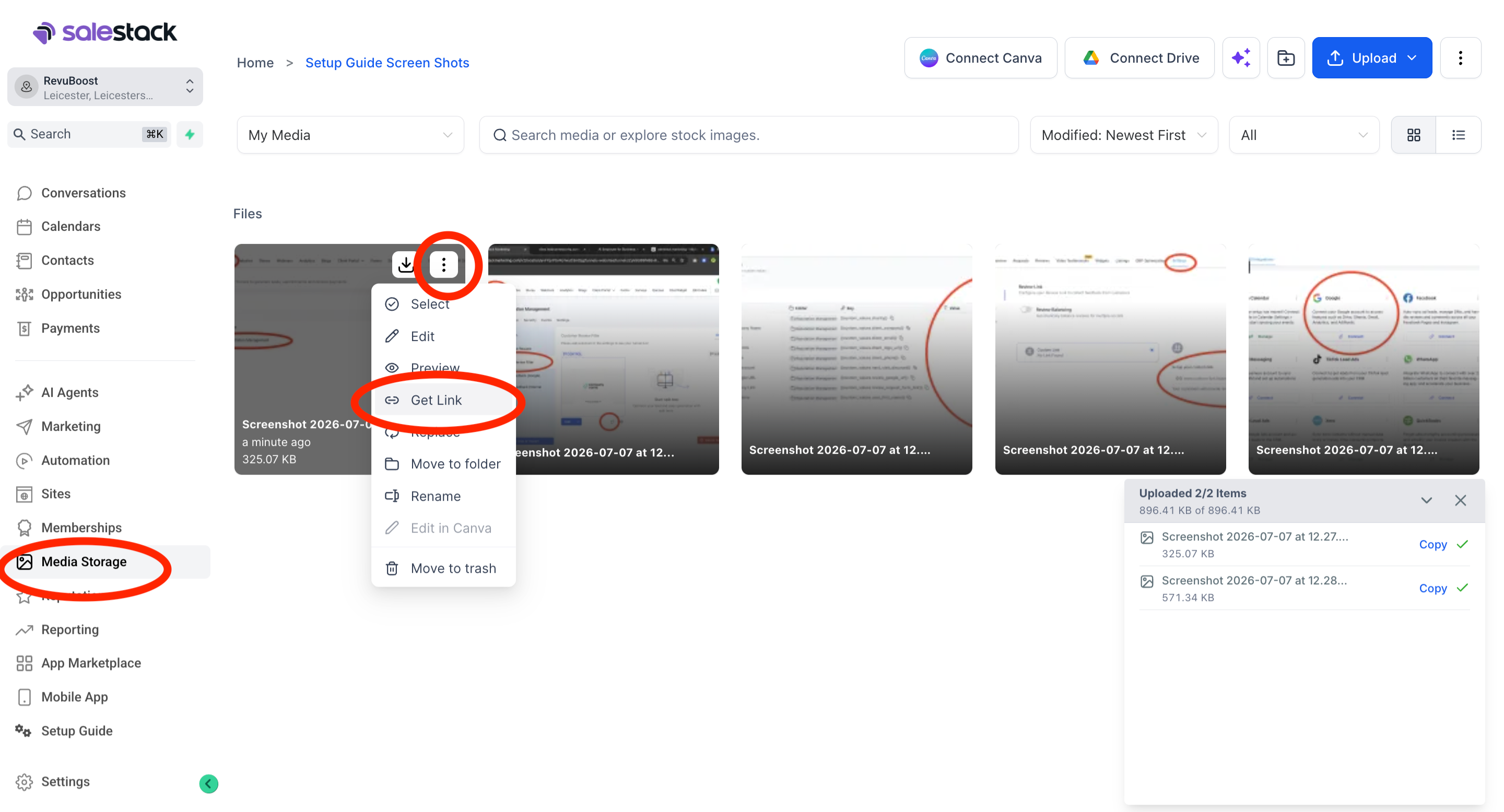 GoHighLevel Media Storage screen showing how to copy the client logo URL
