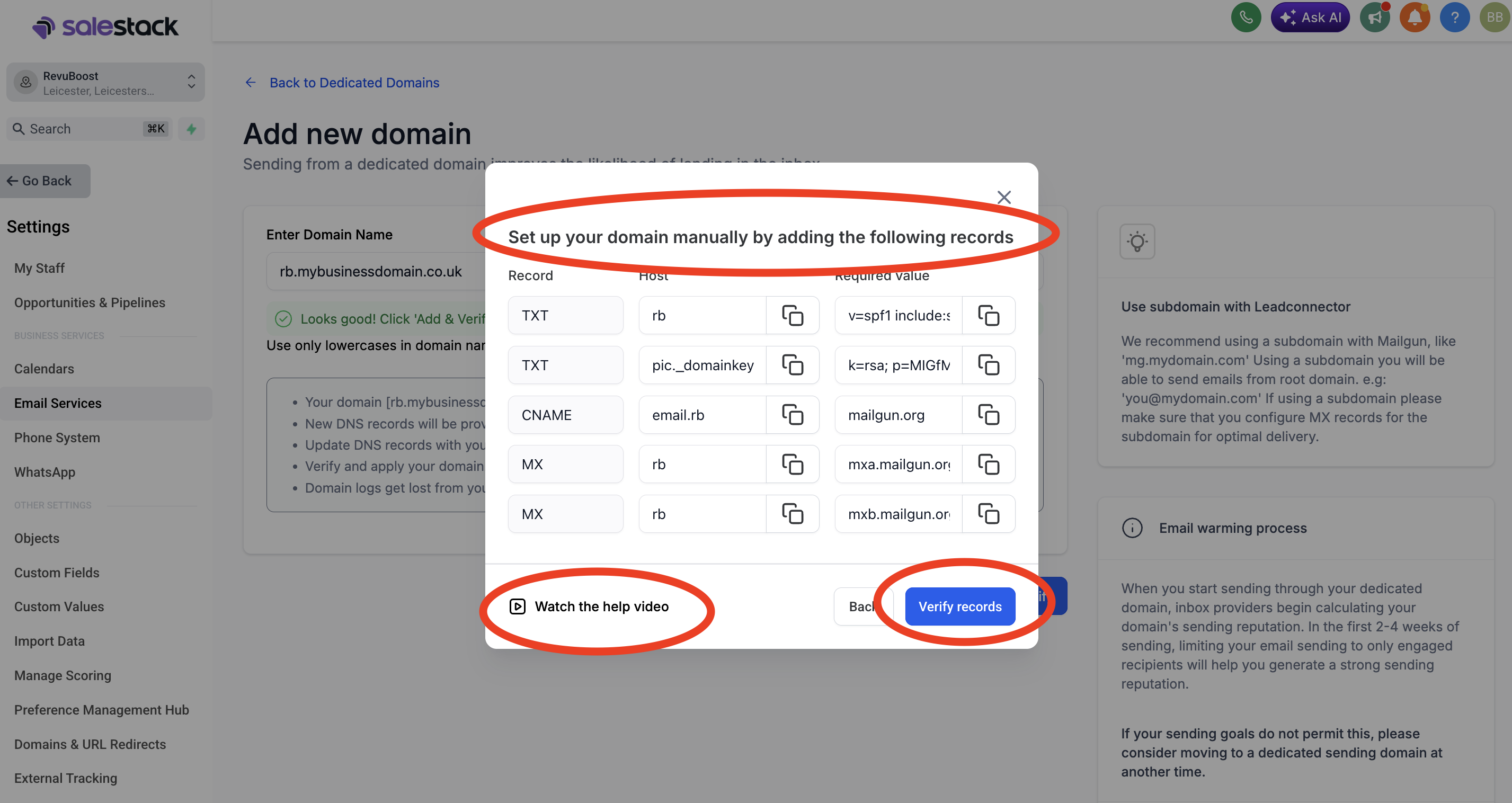 GoHighLevel DNS records screen for email sending domain verification