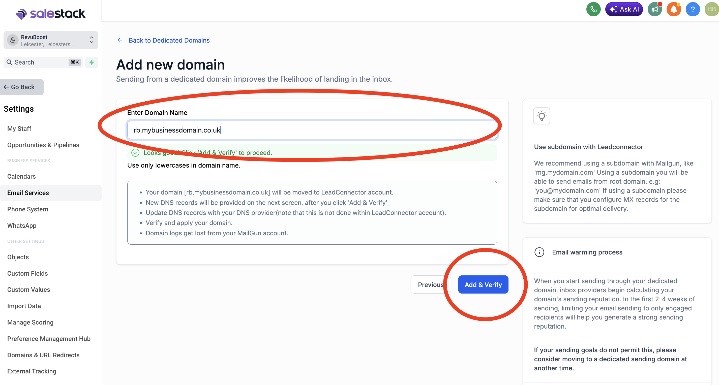 GoHighLevel sending domain setup screen showing domain details