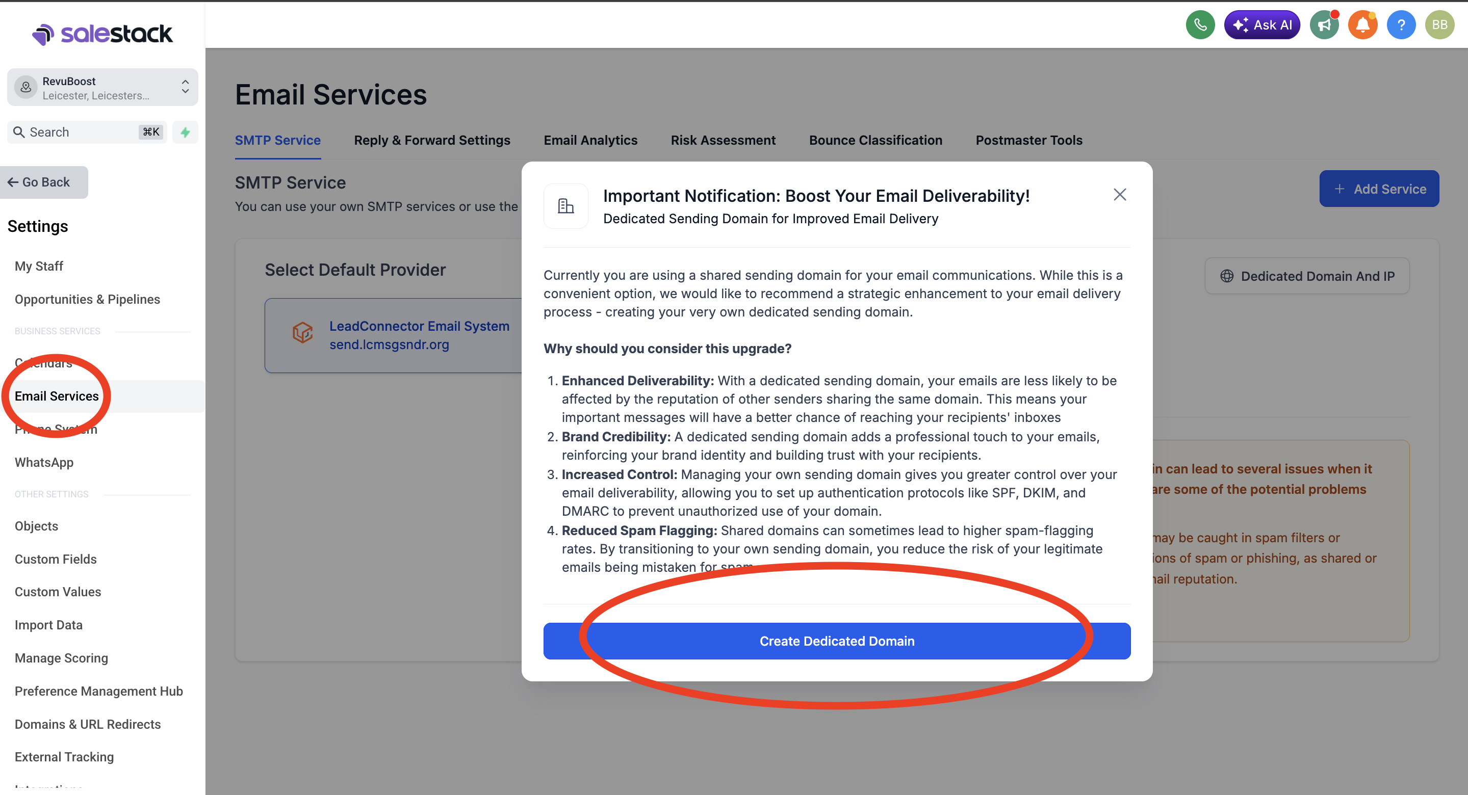 GoHighLevel email services screen for setting up a sending domain