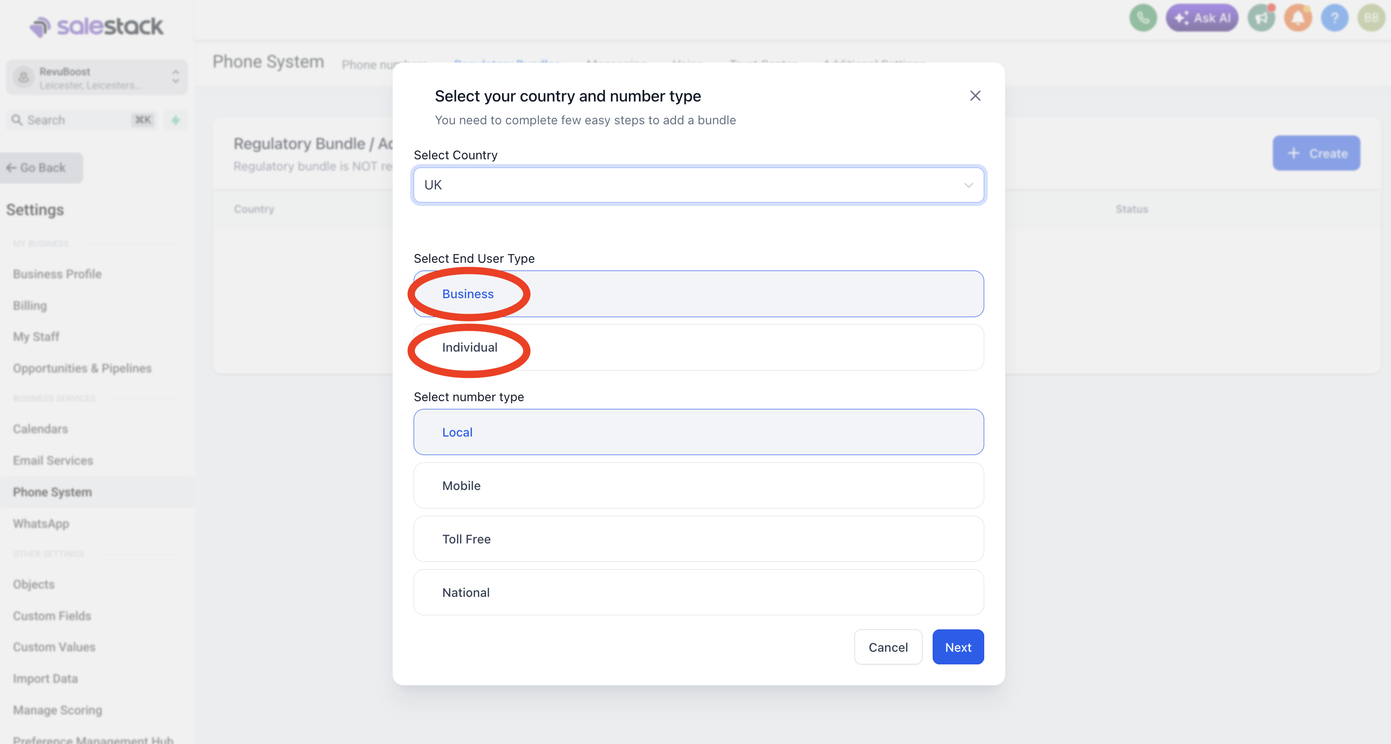 Regulatory bundle setup screen showing Business and Individual end-user type selection