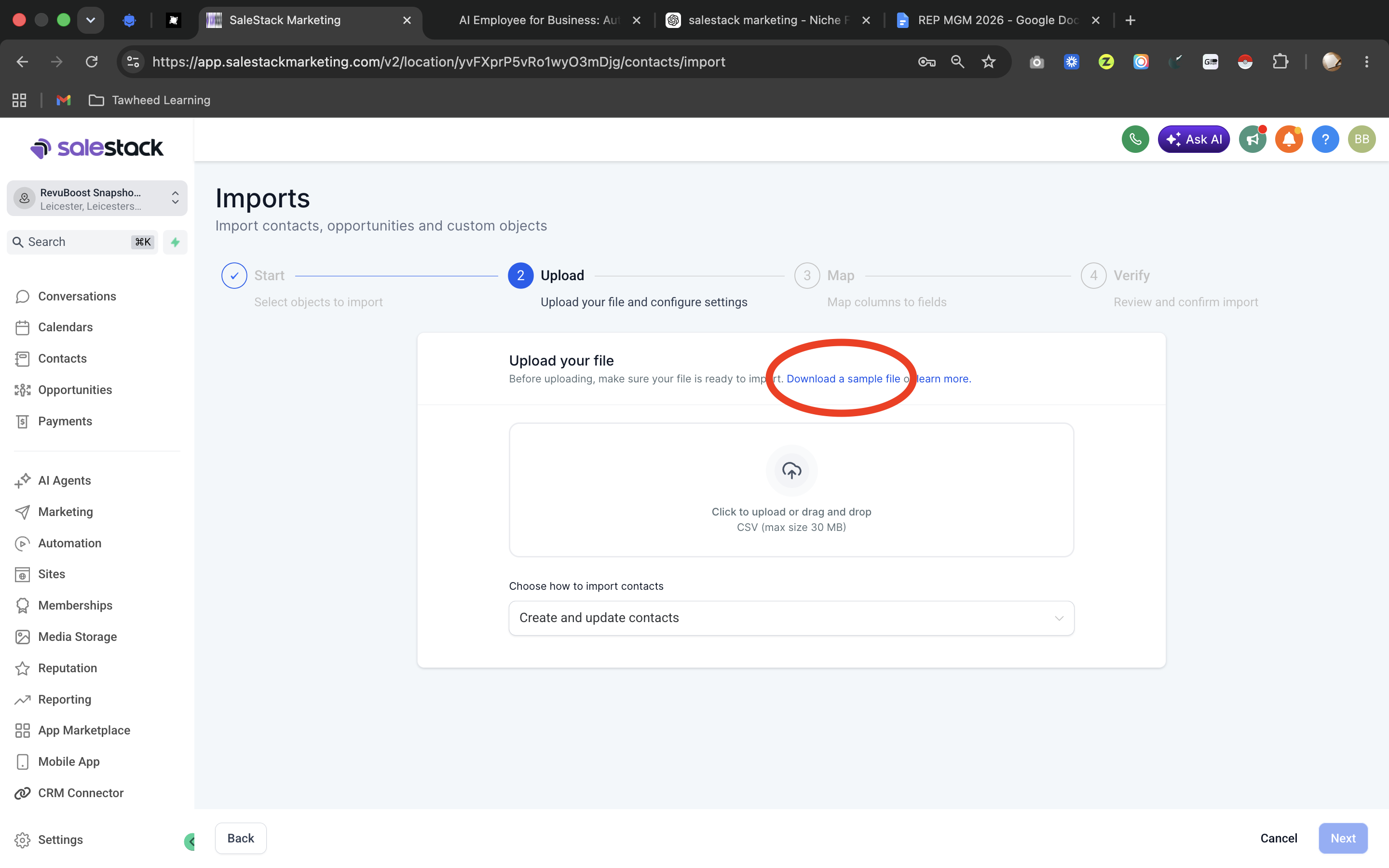 GoHighLevel import contacts screen showing where to select contacts and continue